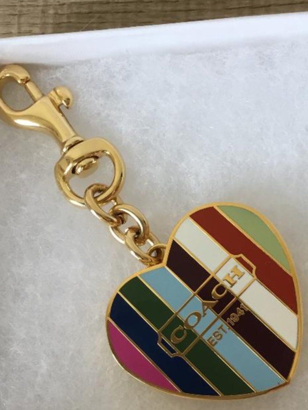 Coach Legacy Stripe Heart Keychain Charm Locket Pill Box with Gold Hardware NWOT